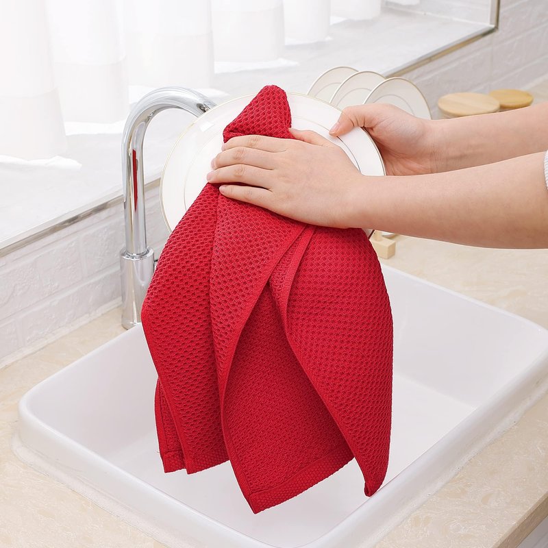 Homaxy 100% Cotton Waffle Weave Kitchen Dish Towels, Ultra Soft Absorbent Quick Drying Cleaning Towel, 13 x 28 Inches, 6-Pack, Red