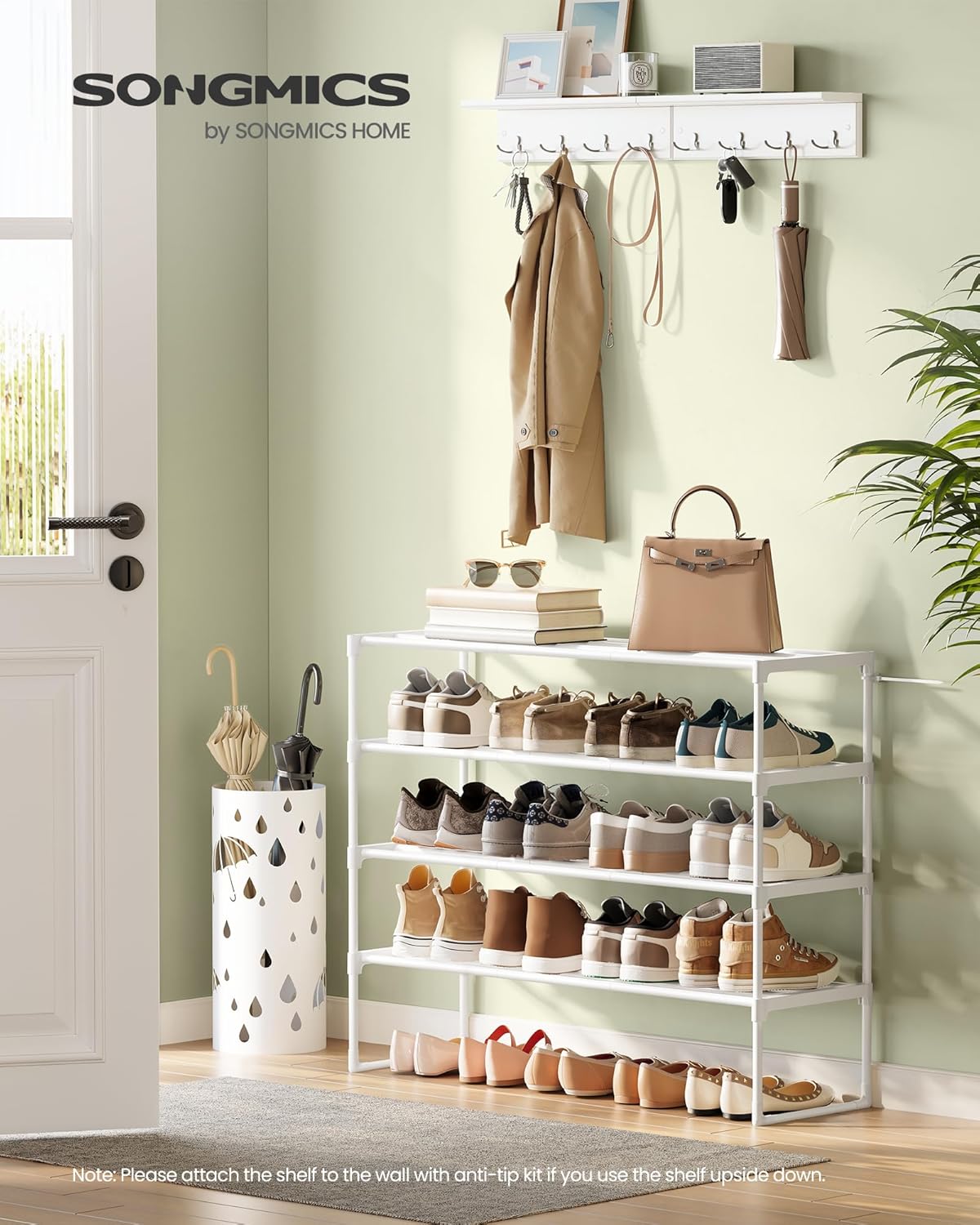 SONGMICS 4-Tier Shoe Rack - Stackable Metal Organizer for 20-25 Pairs | Pearl White, 11.8 x 36.2 x 29.1 Inches