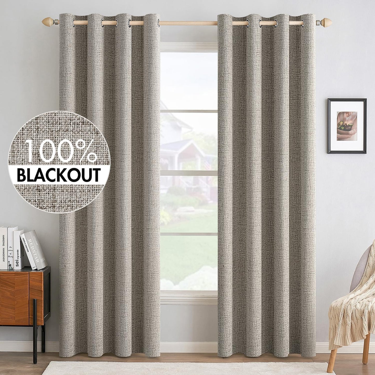 MIULEE Linen Curtains - 100% Blackout Thermal Insulated Drapes - Greige | 52x90 Inches (2 Panels)