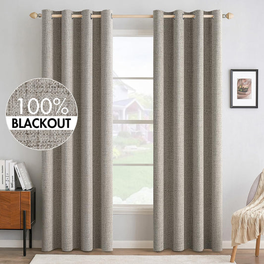 MIULEE Linen Curtains - 100% Blackout Thermal Insulated Drapes - Greige | 52x90 Inches (2 Panels)