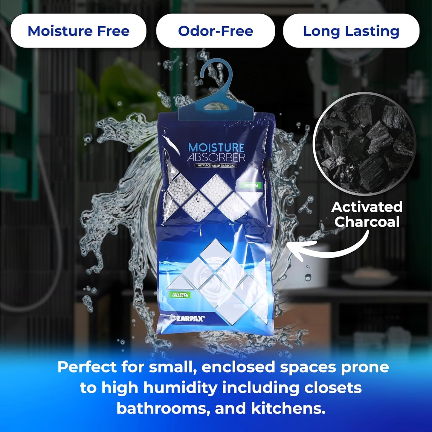 ZARPAX Activated Charcoal Moisture Absorber - 10.6 oz | Dehumidifier Bags for Bathroom, Closet & Kitchen | Eliminates Humidity & Odors | Set of 10