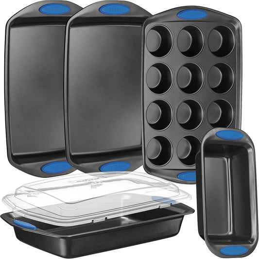 NutriChef 6-Piece Baking Pan Set - Nonstick Carbon Steel Bakeware with Blue Silicone Handles | Includes Cookie Sheets, Roaster Pan, Loaf Pan & Muffin Pan (Gray)