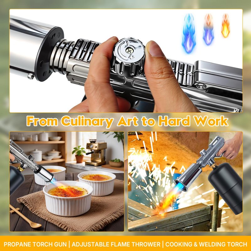 Propane Torch Gun, Adjustable Turbo Flame Blowtorch – 3272°F Max,Culinary Torch for BBQ, Searing Steak, Sous Vide, Campfire Starter (Tank Not Included)