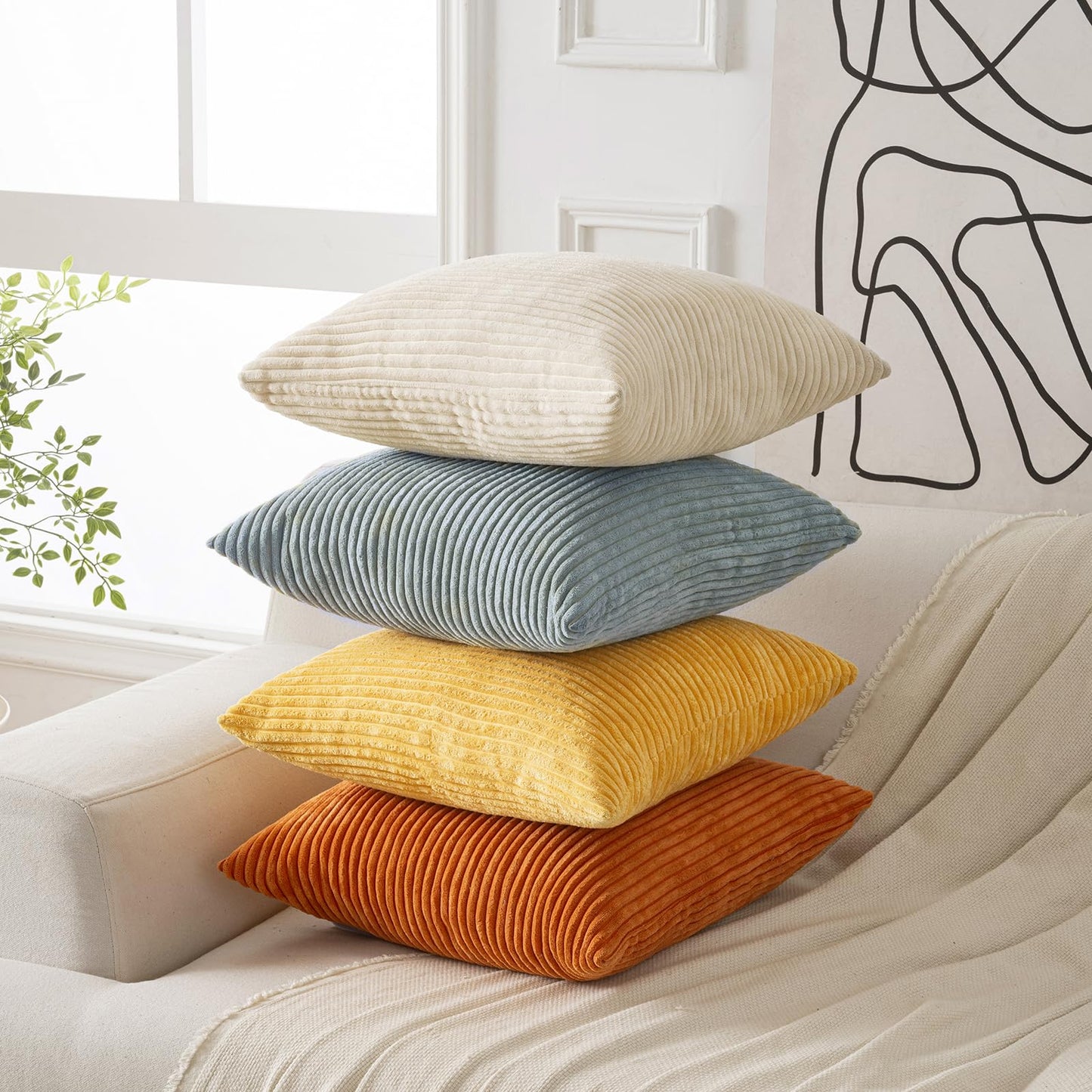 Volcanics Set of 4 Orange Teal Corduroy Decorative Couch Throw Pillow Covers 20x20 Inch, Modern Farmhouse Double-Sided Striped Cushion Cases, Soft Boho Square Accent Pillow Covers for Fall Home Decor