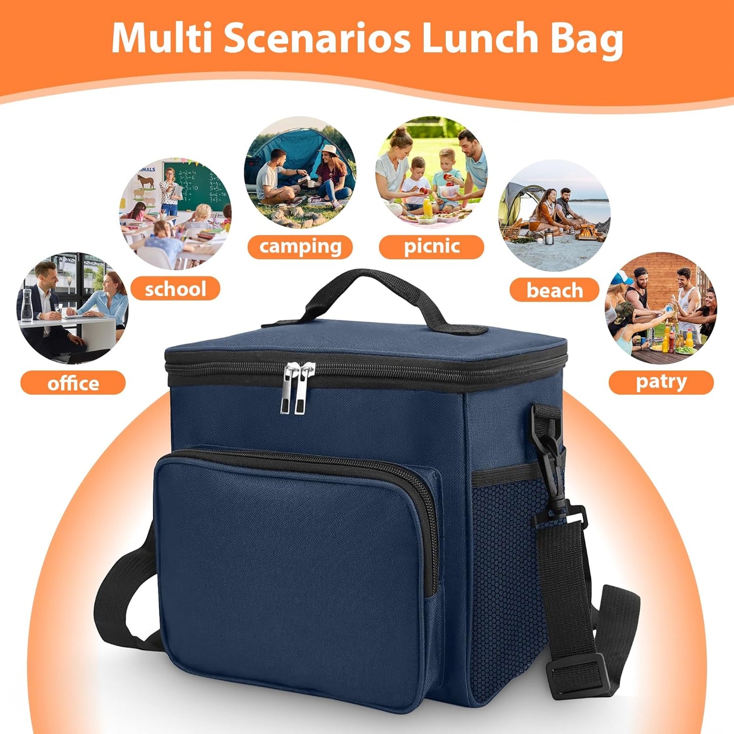 Skiennix Insulated Lunch Bag - Large Leakproof Cooler Tote for Work & Picnic | Adjustable Shoulder Strap, Blue