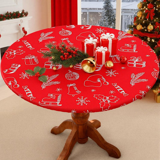Smiry Round Spandex Tablecloth, Elastic Fitted Washable Tablecloths for 45"-56" Tables, Waterpoof Stretch Picnic Table Cover for Dining, Indoor and Outdoor, Holly Berry & Gift