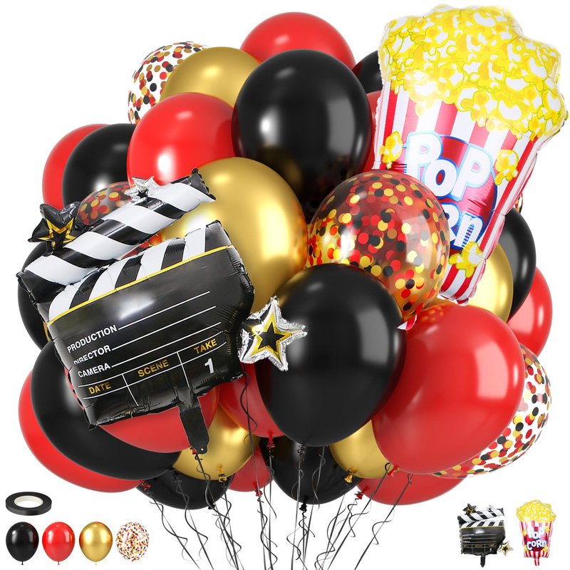 Movie Night Party Balloons, Red Black Gold Confetti Balloons with Film Clapboard and Pop Corn Foil Balloon for Boy Girl Movie Theme Party Decorations Graduation Baby Shower Birthday