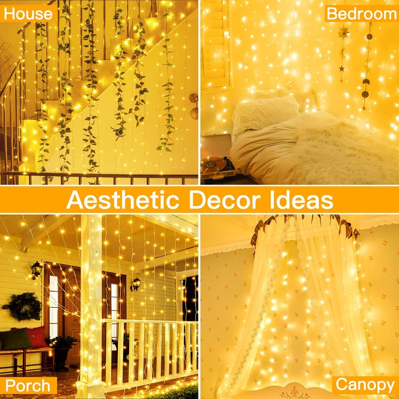 Ollny Curtain Lights 6.6x6.6ft, 200 LED String Lights with Remote 8 Modes Dimmable Timer, USB Power Fairy Light for Bedroom Backdrop Indoor Wall Window Christmas Decorations, Warm White