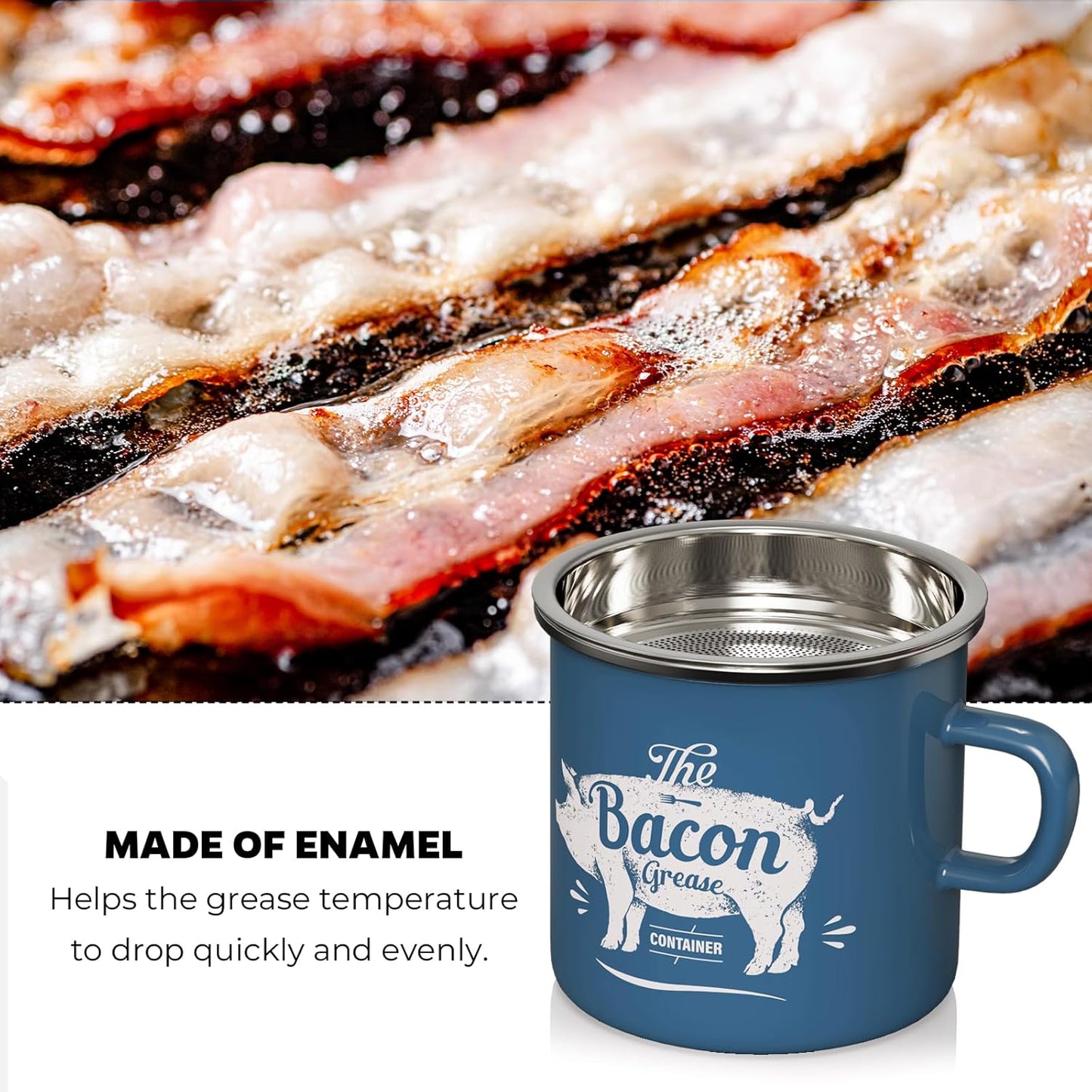 Skiennix Black Meat Chopper - 15oz Mini Blue Bacon Grease Container for Easy Cooking Cleanup