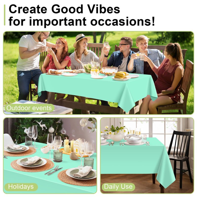 QIKSION Fresh Mint Plastic Table Cloth Disposable 3 Pack, 54 x 108 Inch Tablecloths for Party, Birthday, Rectangle Table Cover