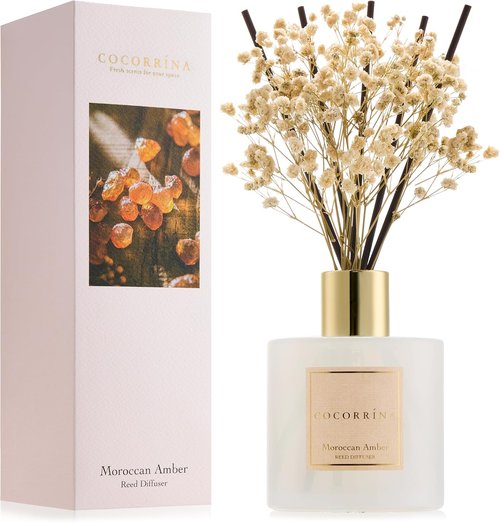 COCORRÍNA Reed Diffuser - Moroccan Amber 6.7 Fl. Oz Set with Sticks & Preserved Baby's Breath | Home Decor