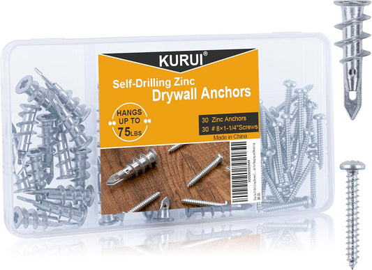 KURUI Zinc Self-Drilling Drywall Anchors Kit - 60PCs Heavy Duty 75LB Capacity | 30 Anchors + Screws