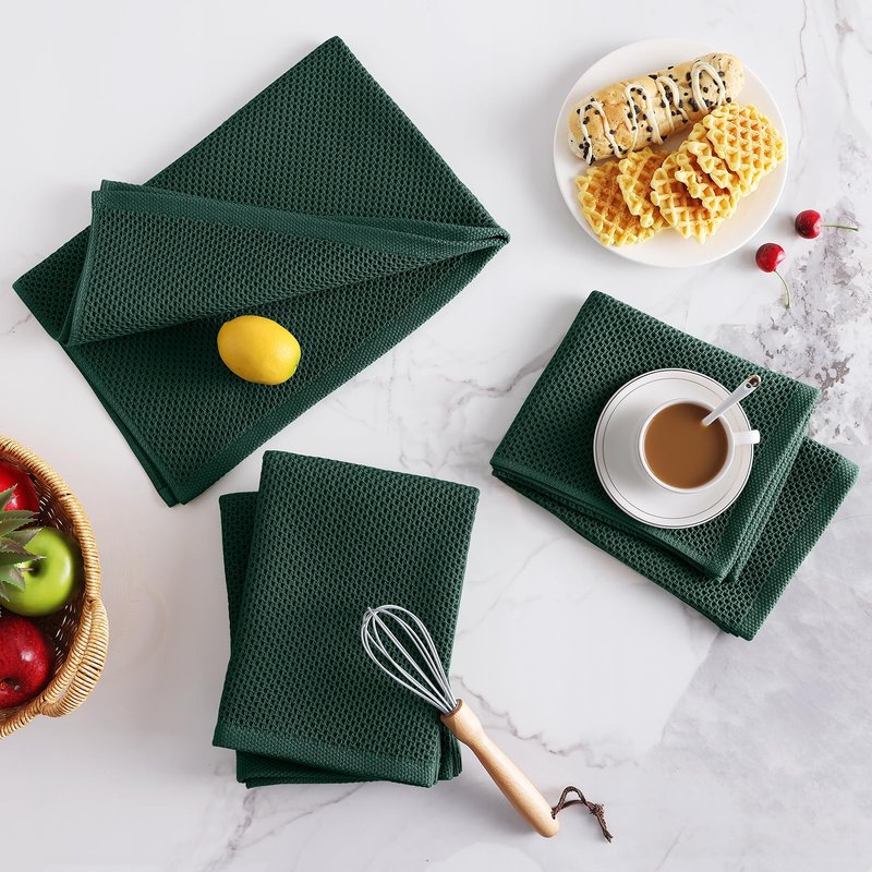 Homaxy 100% Cotton Waffle Weave Kitchen Dish Towels, Ultra Soft Absorbent Quick Drying Cleaning Towel, 20x28 Inches, 4-Pack, Blackish Green
