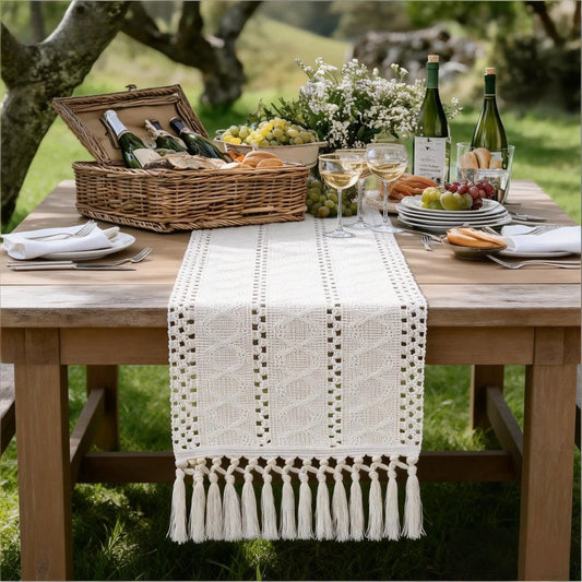 Socomi Boho Table Runner Summer Farmhouse Rustic Dining Kitchen Centerpiece Decor Small Macrame Woven Cotton Linen Coffee Table Runner for Dresser Scarf Home Decor 12x48 inch Beige