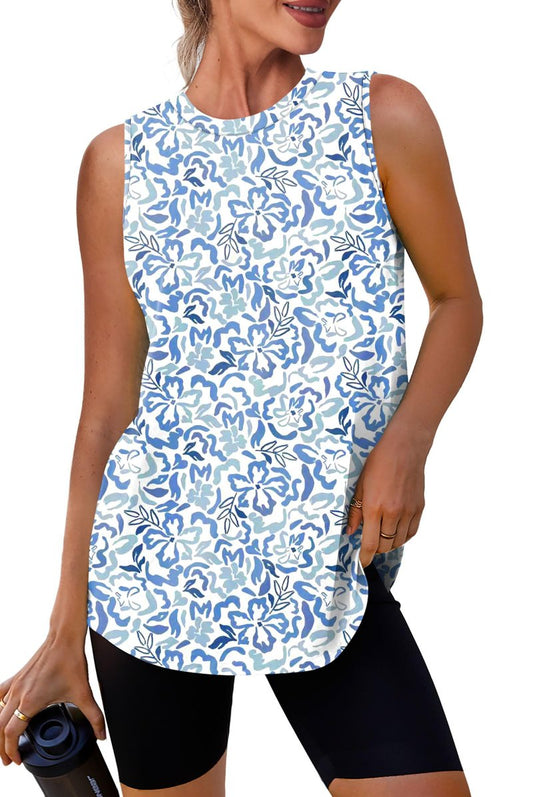 Womens Workout Tops Tank Tops Yoga Shirts Athletic Running Sleeveless Gym Clothes High Neck Athletic Running Shirts Blue Print XXL