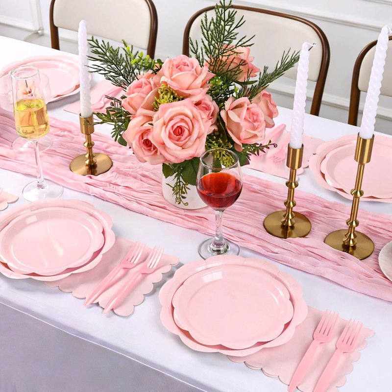 Houuqe 96 Pcs Pink Paper Plates and Napkins Set Party Supplies, Tableware set for 24 Guest include Disposable Pink Scalloped Plates, Napkins and Forks for Baby Shower Bridal Shower Wedding Birthday