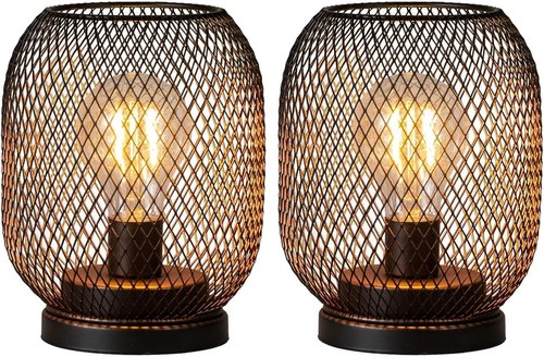 DECORKEY LED Table Lantern Set - Vintage Battery Operated Brown Metal Cage Lamps | Cordless Indoor/Outdoor Decor