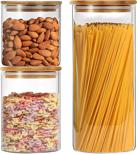 YMMIND Glass Food Storage Jars - Airtight Bamboo Lid Canisters Set of 3 | Clear Cylindrical Containers for Pasta, Coffee, Cookies, Nuts, Cereal, Oats, Flour