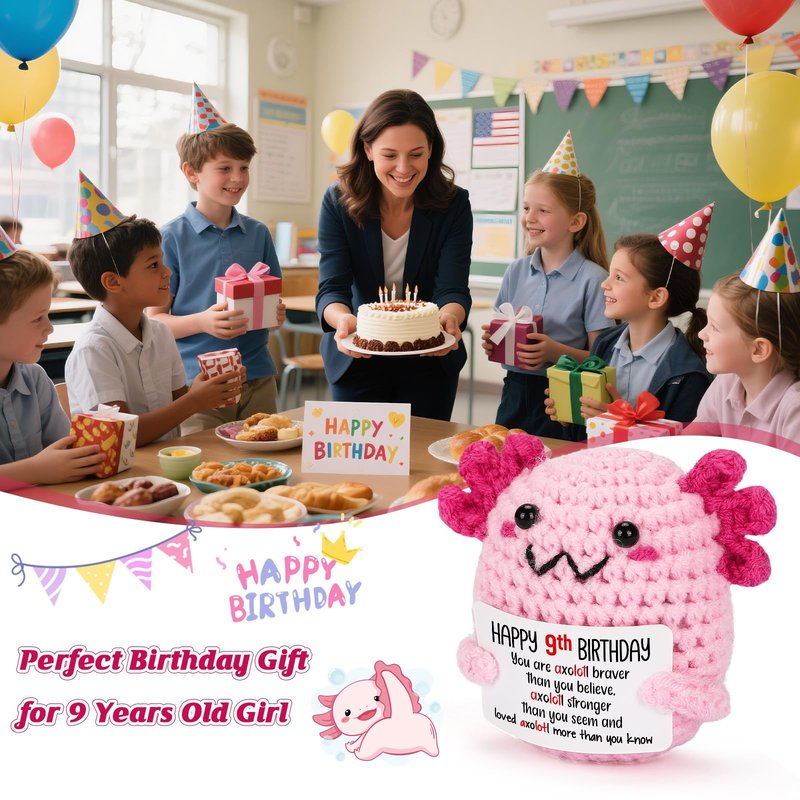 WEYON 9 Year Old Girl Birthday Gift Ideas, Mini Crochet Axolotl Plush for 9th Birthday Gift for Girls, 9th Pink Decorations, 9 YO Presents Axolotl Toy