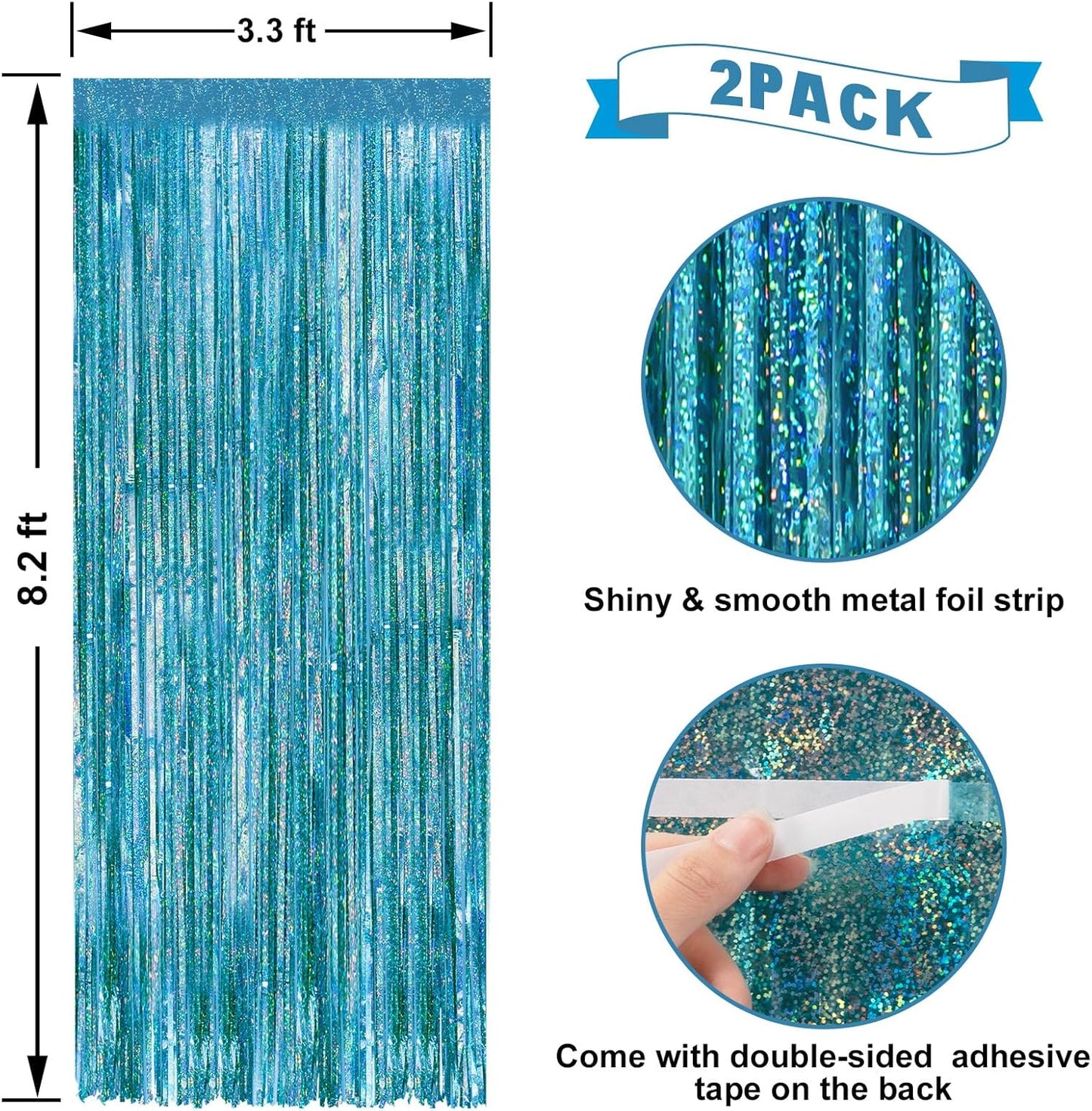 Skiennix Laser Blue Foil Fringe Curtains - 2 Pack Tinsel Backdrop for Parties | 3.3 x 8.2 ft