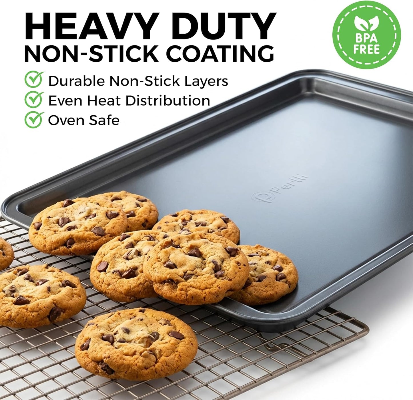 PERLLI Non-Stick Baking Pan Set - 3-Piece Carbon Steel with Even Heat Distribution | Oven Safe to 446°F, BPA-Free, Dishwasher Safe, Stackable - Gray