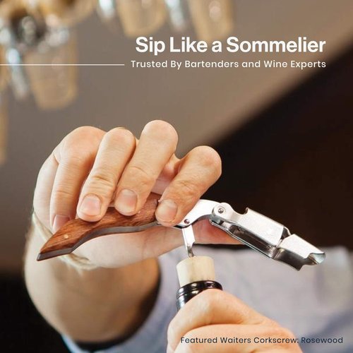 Hicoup Wine Opener - Professional Corkscrews for Wine Bottles w/Foil Cutter and Cap Remover - Manual Wine Key for Servers, Waiters, Bartenders and Home Use - Stainless Steel With Rosewood