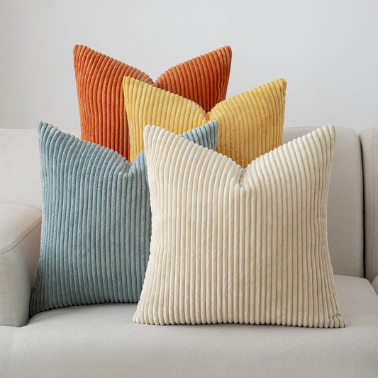 Volcanics Set of 4 Orange Teal Corduroy Decorative Couch Throw Pillow Covers 20x20 Inch, Modern Farmhouse Double-Sided Striped Cushion Cases, Soft Boho Square Accent Pillow Covers for Fall Home Decor