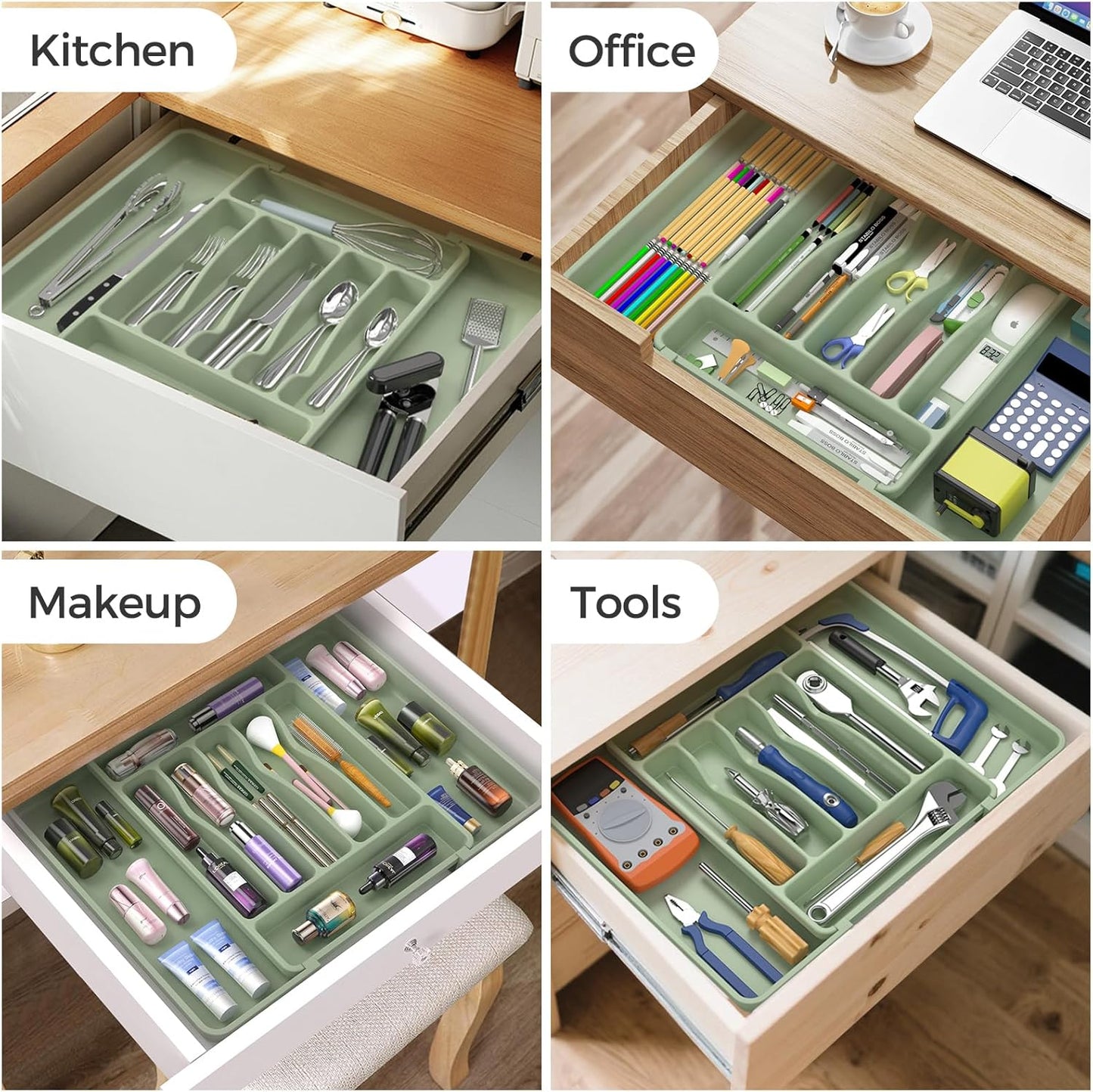 Ukeetap Extra Large Expandable Silverware Organizer - BPA-Free Cutlery Holder | Adjustable Green Design