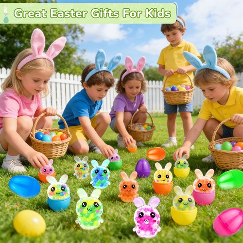 Easter Basket Stuffers 24 Pack Prefilled Easter Eggs with Bunny Stress Ball Fidget Toy 12 Color Squeeze Squishy Relief Toy for Kids Boys Girls Filler Easter Egg Hunt Party Favors Gifts Classroom Prize
