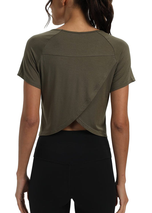 Mippo Short Sleeve Workout Tops Athletic Shirts Gym Clothes Exercise Crop Top Tshirts for Women Loose Fit Army Green S