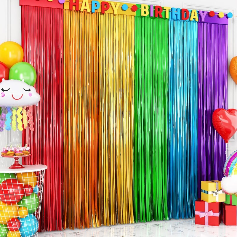 Rainbow Foil Fringe Curtains, 2 Pack 3.3x6.6ft Rainbow Metallic Tinsel Metallic Streamers Holiday Photo Booth Props Backdrop for Rainbow Birthday Wedding Bridal Shower New Years Party Decorations