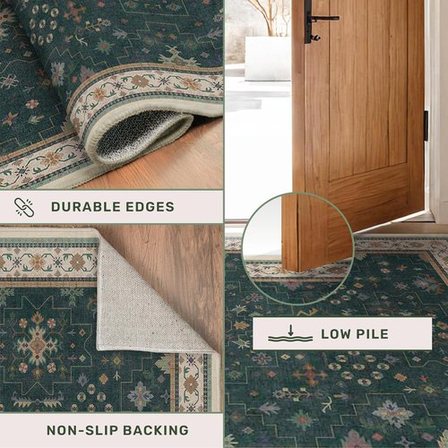 Hazo Haus Vintage 2x7 Washable Runner Rug - Non-Slip, Stain Resistant, Dark Green Floral Design for Kitchen & Hallway