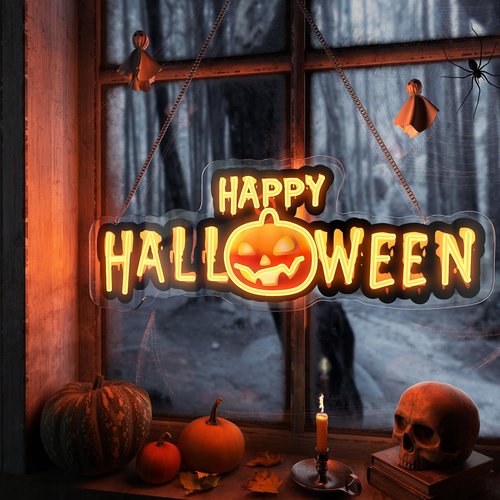 Happy Halloween Neon Sign, Black Orange Halloween Neon Light Up Sign with UV Print for Halloween Party Decoration, Dimmable Neon Halloween Led Sign for Wall Decor Trick or Treat Spooky Party Backdrop