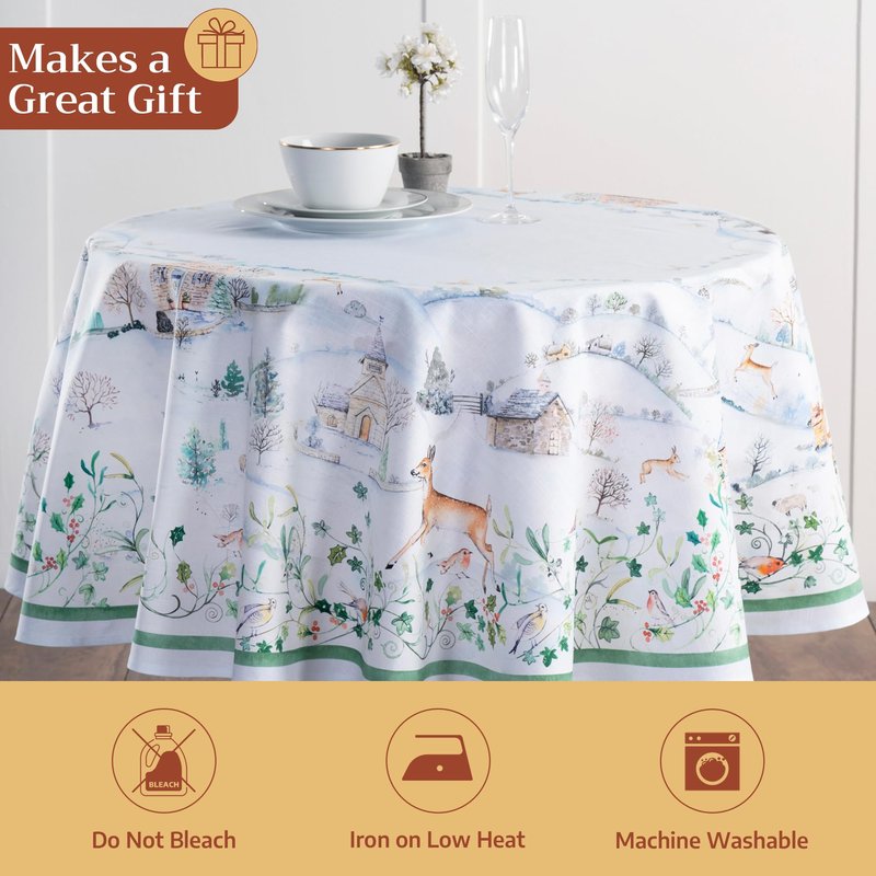 Maison d' Hermine Table Cloth Round Table 100% Cotton 63 Inches Fall Tablecloth Reusable Everyday Use for Thanksgiving Christmas Decorations Dining Farmhouse Party (Snowy World)