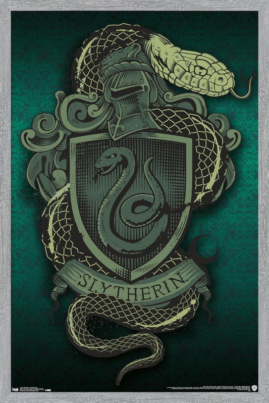 The Wizarding World: Harry Potter - Slytherin Snake Crest Wall Poster, 22.4L" x 14.7W", Gray Framed Version