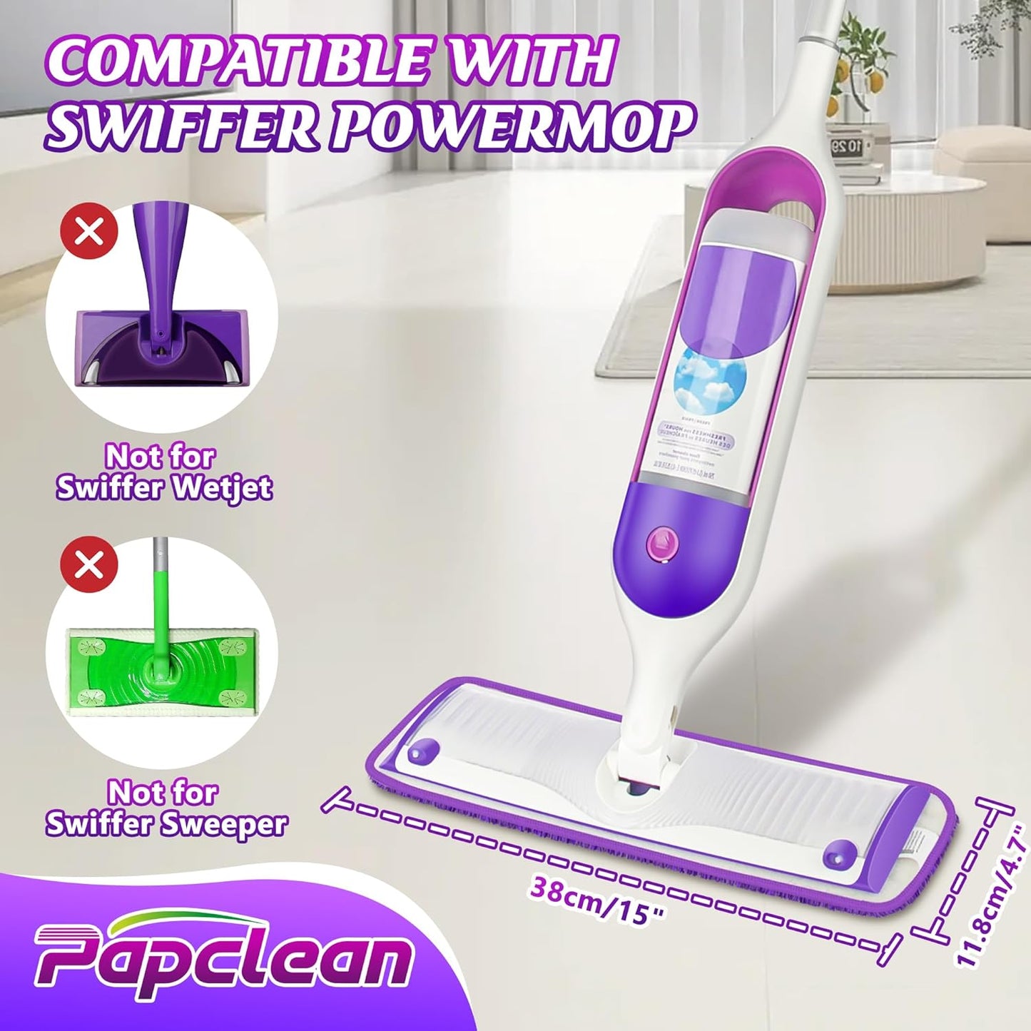 Papclean Mop Pads for Swiffer PowerMop - 9 Reusable Microfiber Wet Pads for Multi-Surface Cleaning