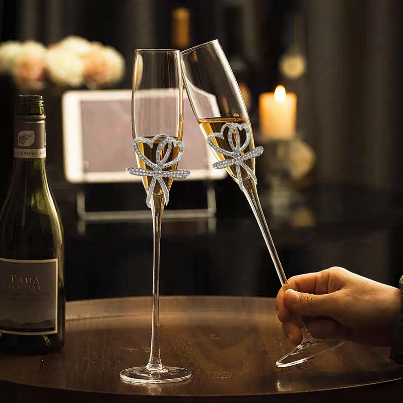 Jozen Gift Silver Champagne Flutes - Set of 2 Hand Blown Champagne Glasses wtih Metal Accent DOUBLE HEARTS- Gifts for Birthday,Wedding, Mother’s Day - 6 oz (Modern, Silver)