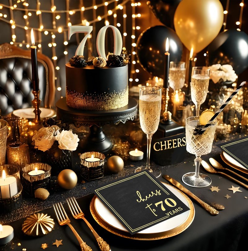 Ottin Black Cheers to 70 Years Cocktail Napkins, 5x5 Inches, 50 Counts, 3-Ply Disposable Party Napkins for 70th Birthdays Decorations, Anniversaries, Weddings, Indoor & Outdoor Celebrations, Gold Foil