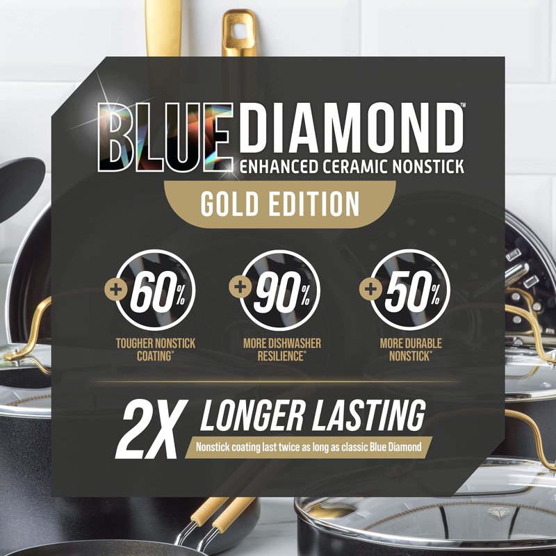 Blue Diamond 8" Nonstick Frying Pan Skillet, Diamond Infused PFAS & PTFE-Free Ceramic Pot, Dishwasher & Oven Safe, Gold Handle, Induction, Non Toxic Metal Utensil Safe, Egg & Omelet Pan, Black
