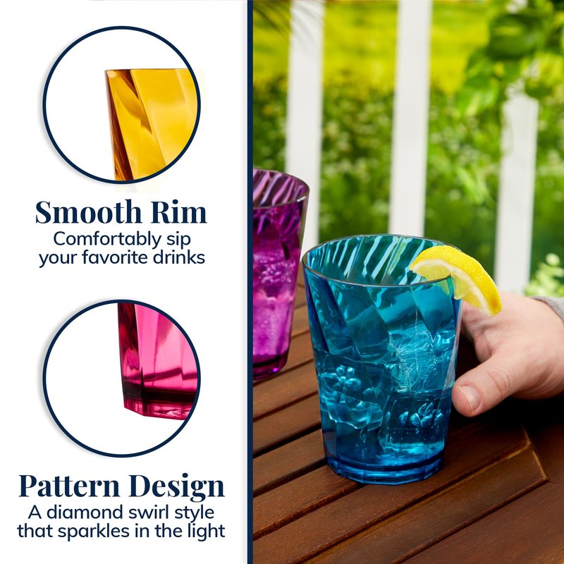 US Acrylic Optix Plastic Reusable Drinking Glasses (Set of 8) 14oz Rocks Cups in Jewel Tone Colors | BPA-Free Tumblers, Made in USA | Top-Rack Dishwasher Safe