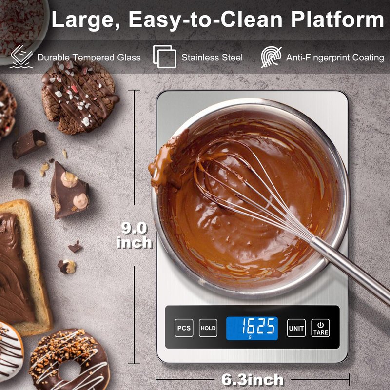 Fuzion Food Scale, 1g/0.1oz Digital Kitchen Scale - 22lb, 7 Units, Tare & PCS, Rechargeable Power, Tempered Glass & Stainless Steel - Food Weight Scale Grams and Ounces for Cooking, Baking