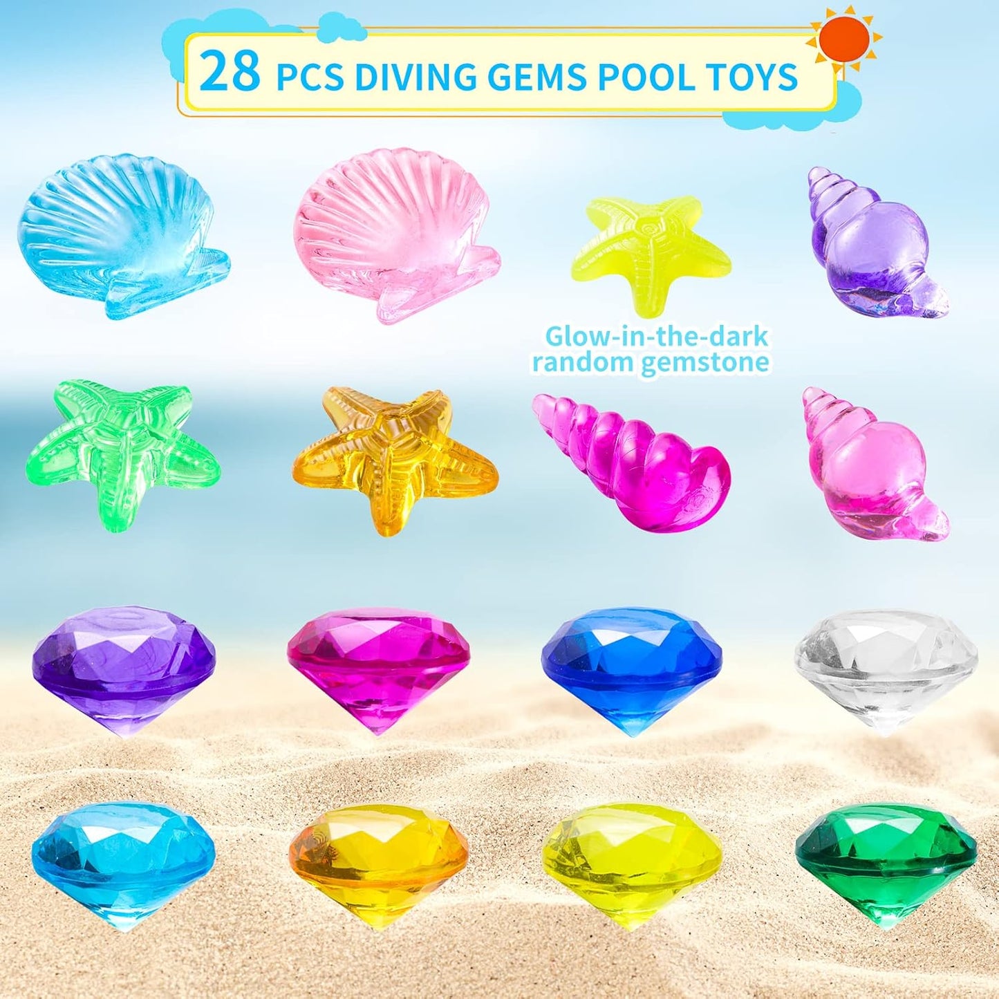 Skiennix 28 Pcs Colorful Diving Gem Pool Toys Set - Treasure Pirate Box for Underwater Fun | Multicolor 30-40mm