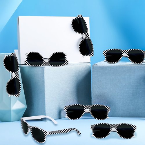 6 Pack Race Car Checkered Sunglasses White Black Frame Checker Sunglasses Bulk for Kids Race car Party Favors Essentials & Gear Up With Hot Car Plastic Glasses for Racing Theme Birthday Supplies Gifts