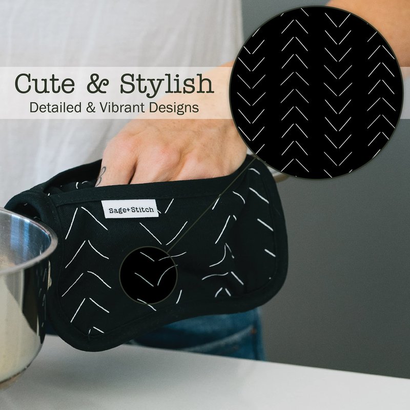 Sage+Stitch Heat Resistant Designer Pot Holders with Hand Pockets and Hanging Loops | Set of 2 100% Cotton Dual Function Kitchen Pot Holders | 7'' x 9'' | Black