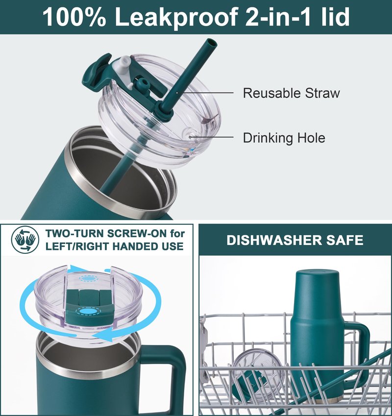 SUNWILL Coffee Tumbler with Handle, 20 oz Travel Mug with Lid and Straw Insulated, Stainless Steel Cup Leak Proof for Travel & Outdoor, Cupholder Friendly, Powder Coated Deep Teal