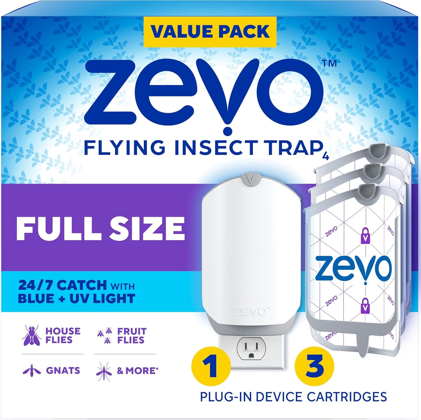 Zevo Flying Insect Trap - Indoor Bug Catcher with 3 Refill Cartridges | UV Light Technology for Flies