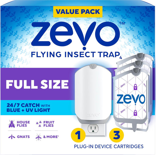 Zevo Flying Insect Trap - Indoor Bug Catcher with 3 Refill Cartridges | UV Light Technology for Flies