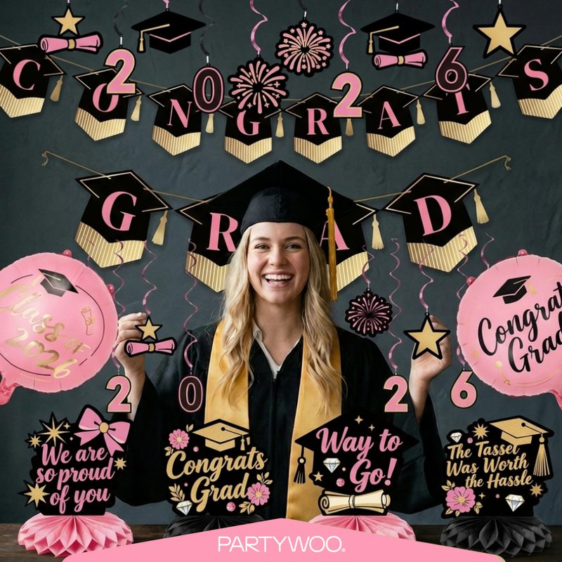 PartyWoo Graduation Decorations Class of 2026 Black Gold Pink 19pcs Grad Party Supplies with Congrats 2026 Grad Banner Hanging Swirls Foil Balloons Graduation Cap Centerpieces Party Decorations