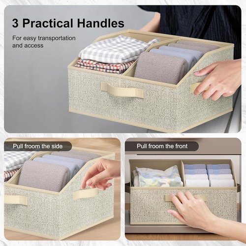 Closet Storage Bins - Large Organizer Baskets with Divider & Handles | 6 Pack Trapezoid Fabric Cubes - Beige
