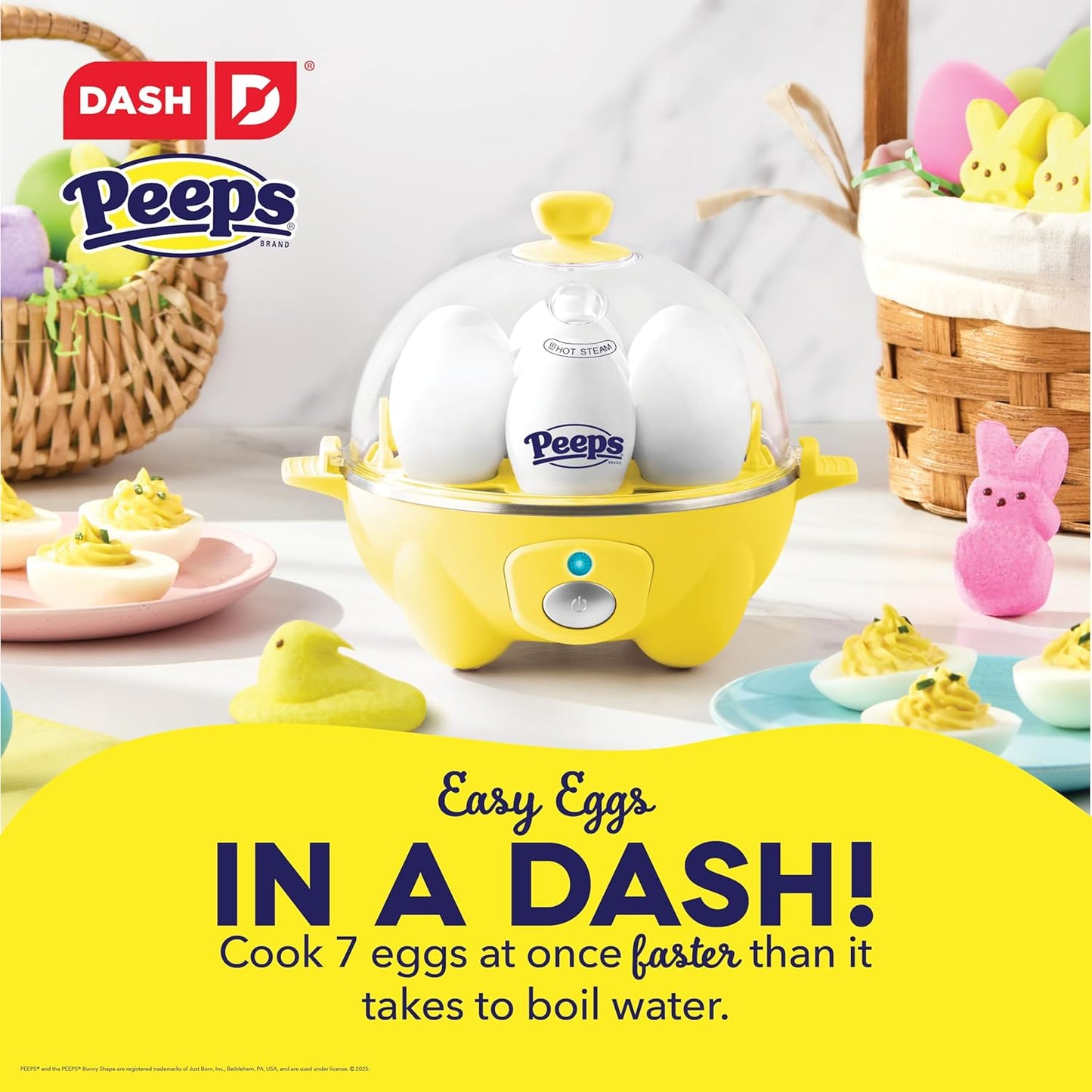 PEEPS & Dash Rapid Egg Cooker - Boil, Poach & Steam 7 Eggs - Dishwasher Safe & BPA Free - Yellow